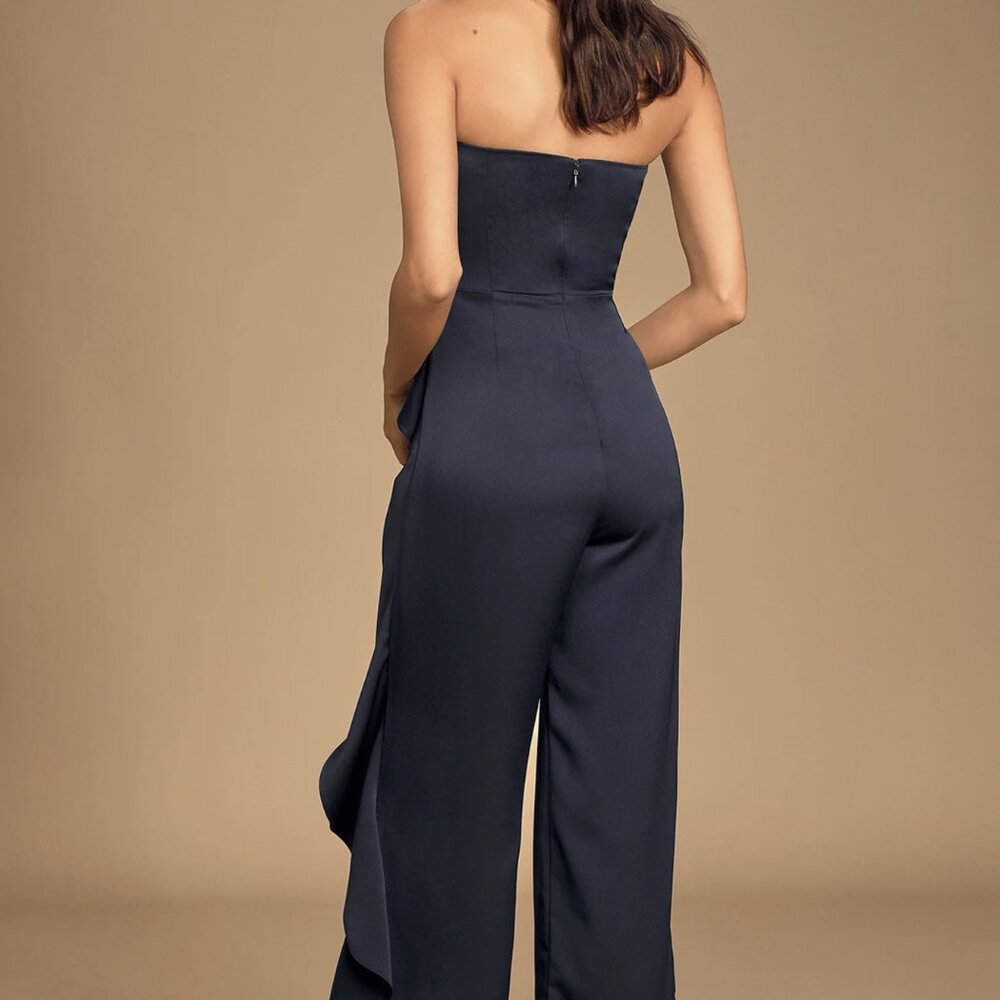 NWT Lululs Cascading Love Navy Blue Strapless Ruffled Wide-Leg Jumpsuit - Picture 4 of 7